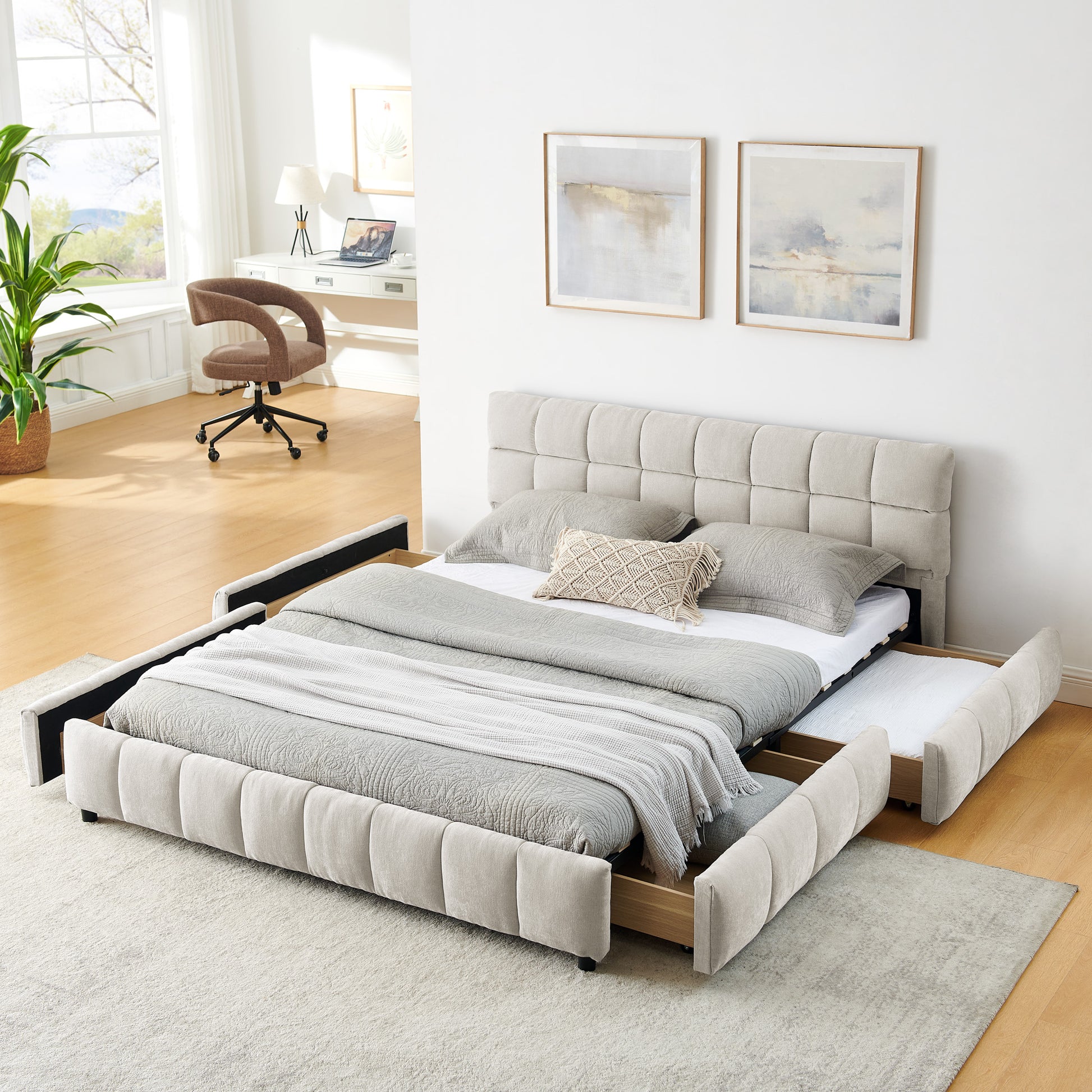 Queen Size Upholstered Bed ,comfortable Upholstered Bed Frame, Chenille Fabric, With Headboard And Solid Bed Frame. With Drawer For Storage.-Beige 88.5x68.5x31