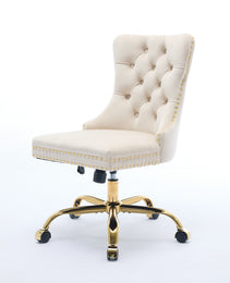 A&A Furniture Office Chair,Modern Velvet Upholstered Tufted Button Home Office Chair With Golden Metal Base,Adjustable Desk Chair Swivel Office Chair Beige