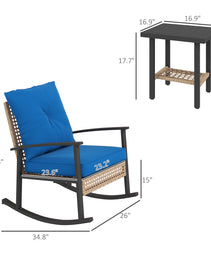 3 Pieces Bistro Set, Patio Wicker Furniture Set With Button Tufted Cushions, Rattan Rocking Chairs, Coffee Table, Blue