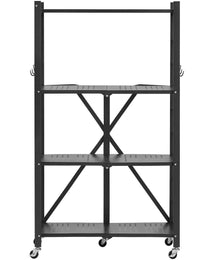 4-Tier Foldable Storage Shelf, 26W X 13D X 46H Inch Folding Metal Rack Shelving Unit, No Assembly Organizer Shelf With 5 Wheels & 4 Hooks For Pantry, Kitchen, Garage, Basement, Black