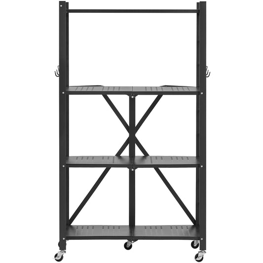 4-Tier Foldable Storage Shelf, 26W X 13D X 46H Inch Folding Metal Rack Shelving Unit, No Assembly Organizer Shelf With 5 Wheels & 4 Hooks For Pantry, Kitchen, Garage, Basement, Black