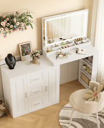 59Makeup Vanity Desk With Mirror, Vanity Mirror With Lights, Dressing Table With 3 Drawers And 2 Cabinets, Vanity Table With Storage Shelves For Bedroom, White - CJDS