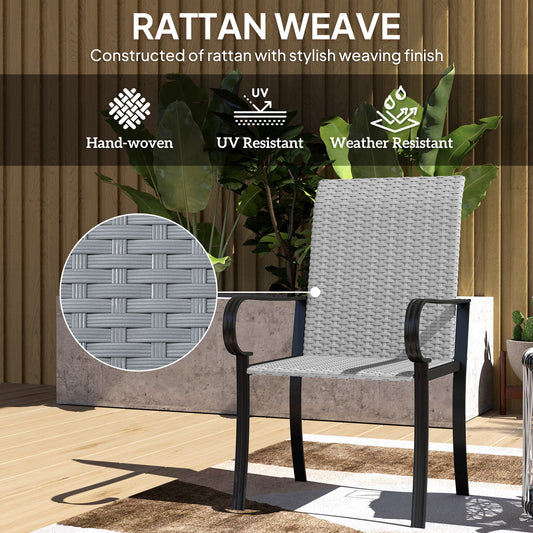 Set Of 4 Outdoor Wicker Dining Chairs With Armrest, Steel Frame, High Back And Deep Seating, Gray