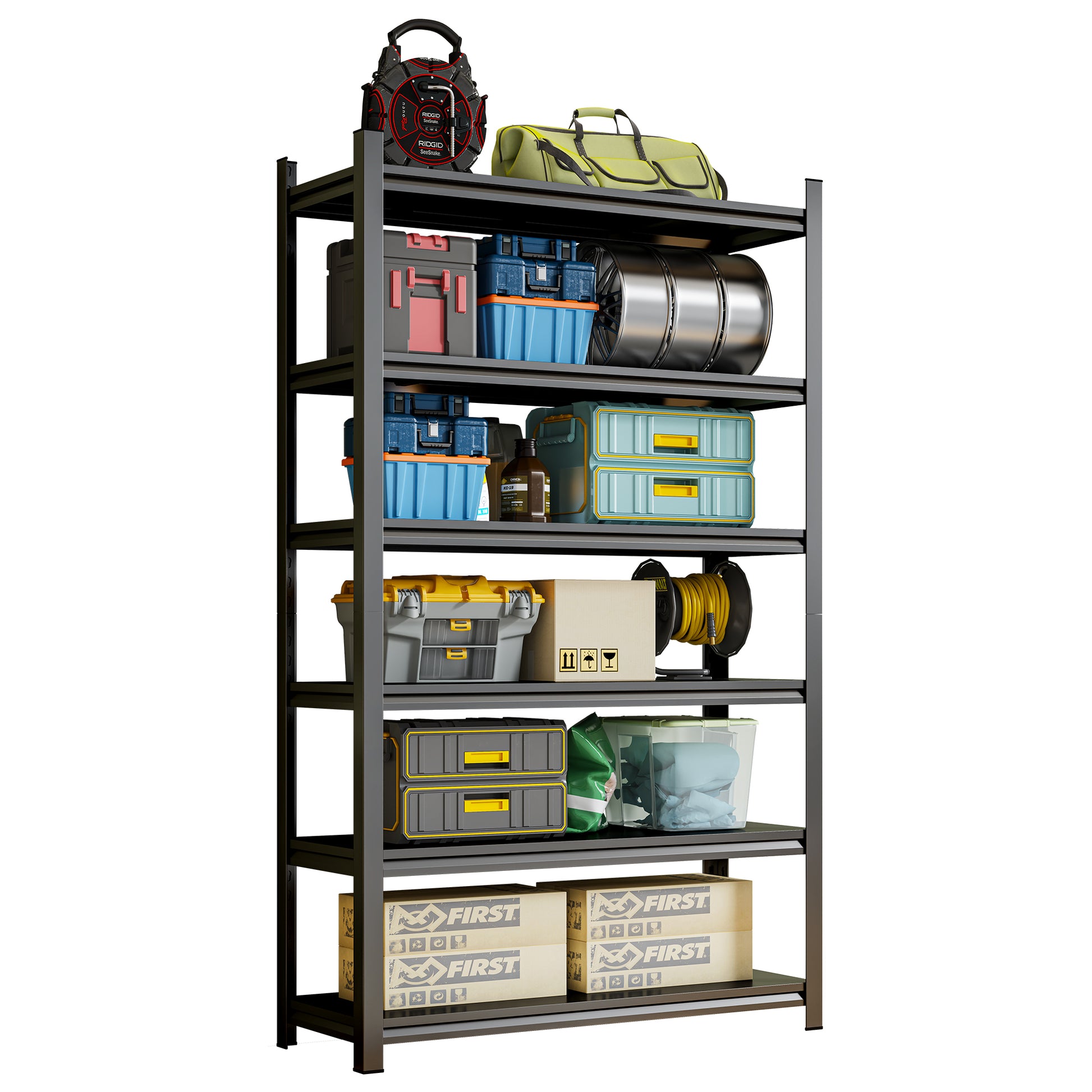 Garage Storage Rack, 6-Story Metal Shelves, Adjustable Partition Storage Unit, Supermarket, Home, Garage, Basement Storage Rack, Black, Requires Assembly