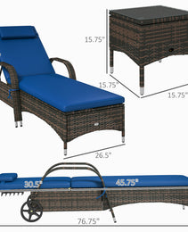 Patio Wicker Chaise Lounge Chair Set Of 2 With Table, Adjustable Backrest, Wheels, Cushion & Headrest, Blue