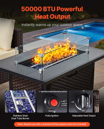 6-Piece Outdoor Patio Furniture Set, Wicker Rattan Outdoor Sectional Conversation Set With 50000BTU Propane Fire Pit Table, Cushioned Sofas, Coffee Table & Ottoman For Patio Garden Backyard