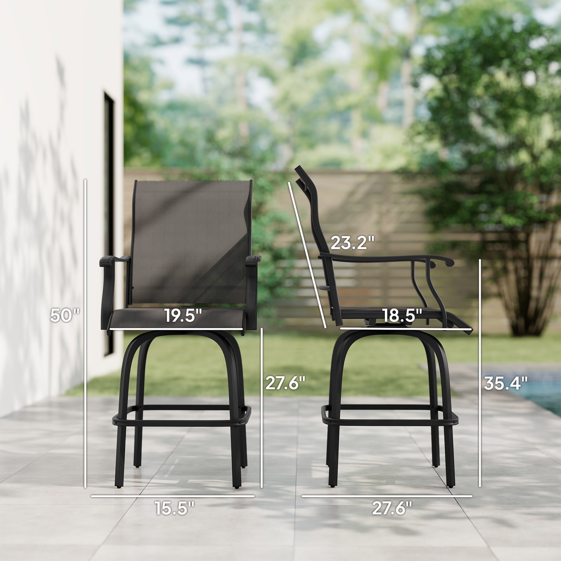 Set of 2 Outdoor Swivel Bar Stools with Armrests, Bar Height Patio Chairs with Steel Frame for Balcony, Poolside, Backyard, Black