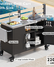 K&K 55.5  Outdoor Kitchen Island With Sink, Metal Grill Cart Table With 304 Stainless Steel Sink, Outdoor Bar Cart Sink Station With 4 Lockable Wheels For Pizza Prep & BBQ, L 55.5  X W 20  H 36.7