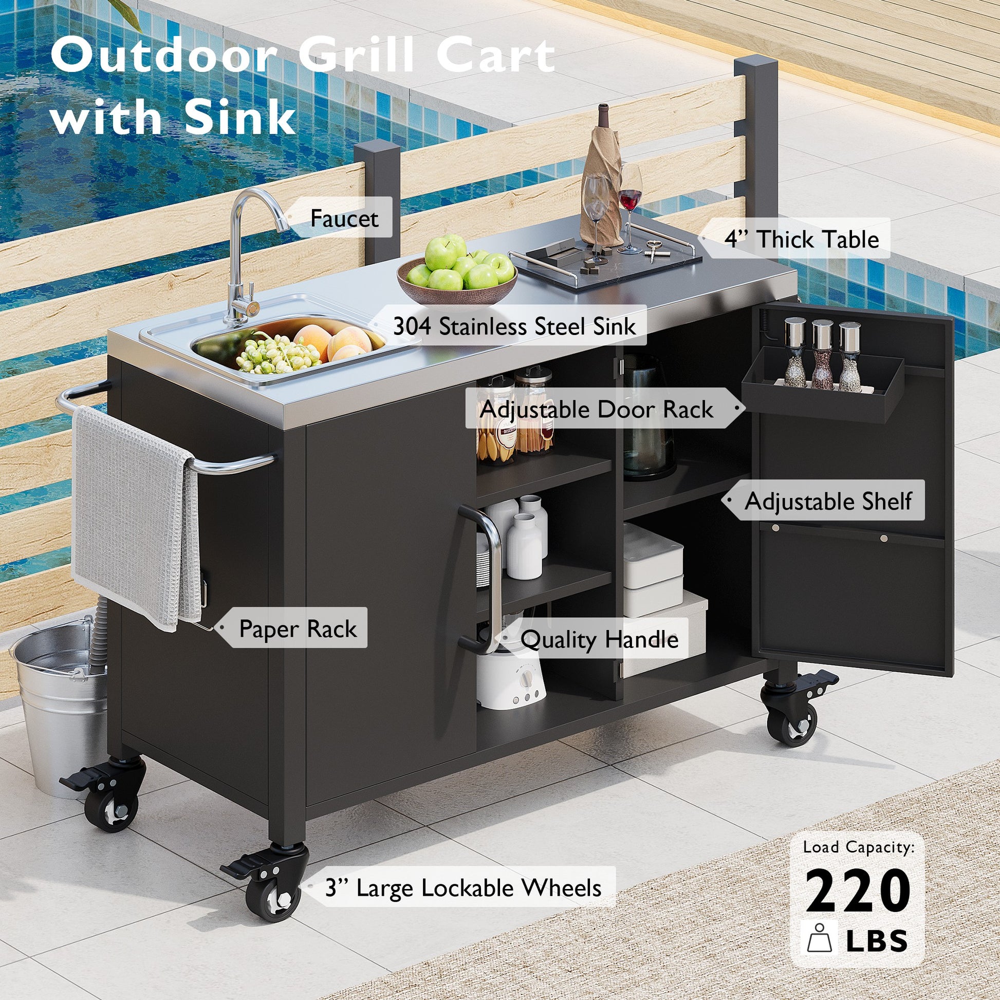 K&K 55.5  Outdoor Kitchen Island With Sink, Metal Grill Cart Table With 304 Stainless Steel Sink, Outdoor Bar Cart Sink Station With 4 Lockable Wheels For Pizza Prep & BBQ, L 55.5  X W 20  H 36.7