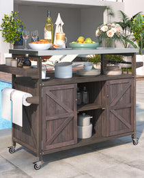 K&K Outdoor Kitchen Island, Rolling Bar Cart & Storage Cabinet, Farmhouse Solid Wood Outdoor Grill Table With Stainless Steel Top, Spice Rack , Towel Rack For Kitchen & Barbecue , Dark Brown