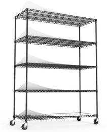 5 Tier 7500lbs Heavy Duty Adjustable Storage Rack Metal Shelf Wire Shelving Unit With Wheels & Shelf Liners - 82H X 60 L X 24 D - Black