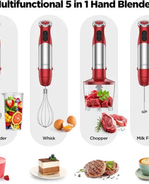 KOIOS 5-in-1 Hand Immersion Blender, 1000W 12 Speed Handheld Blender, Copper Motor Stainless Steel Blade Stick Blender,600ml Mixing Beaker,500ml Food Processor, Whisk, Milk Frother, BPA-Free, Red