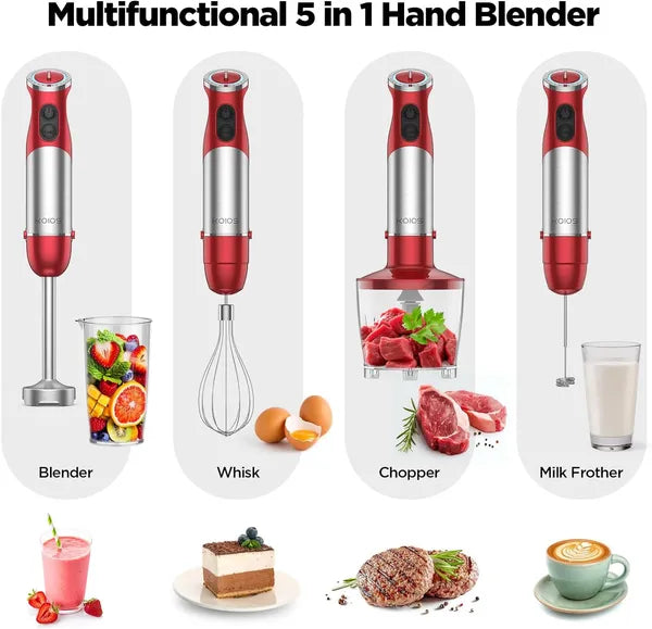 KOIOS 5-in-1 Hand Immersion Blender, 1000W 12 Speed Handheld Blender, Copper Motor Stainless Steel Blade Stick Blender,600ml Mixing Beaker,500ml Food Processor, Whisk, Milk Frother, BPA-Free, Red
