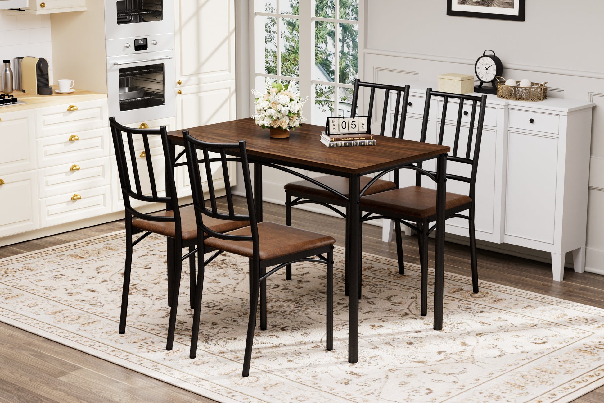 Dining Table Set, Bar Table With 4 Dining Benches, Kitchen Table Counter With Chairs, Industrial For Kitchen Breakfast Table, Living Room, Party Room, Walnut, 43.3L X23.6W X 30.1H