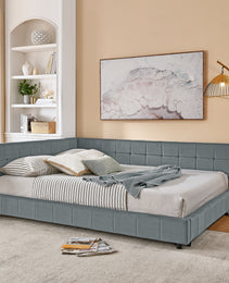 Queen Size Upholstered Tufted Bed Frame, Sofa Bed Frame With Comfortable Backrest And Armrests, Queen Size Bed For Bedroom, Living Room,Velvet, GREY 85.5x64.5x30.5