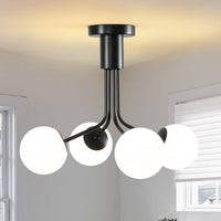 Gold Sputnik Ceiling Light, 4-Light Modern Chandelier with Adjustable Height,Globe Pendant Ceiling Light with Milk Glass Shades, Mid Century Hanging Light Fixture for Living Room Bedroom Foyer