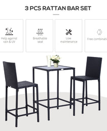 3pcs Rattan Bar Set With Glass Top Table, 2 Bar Stools For Outdoor, Patio, Garden, Poolside, Backyard