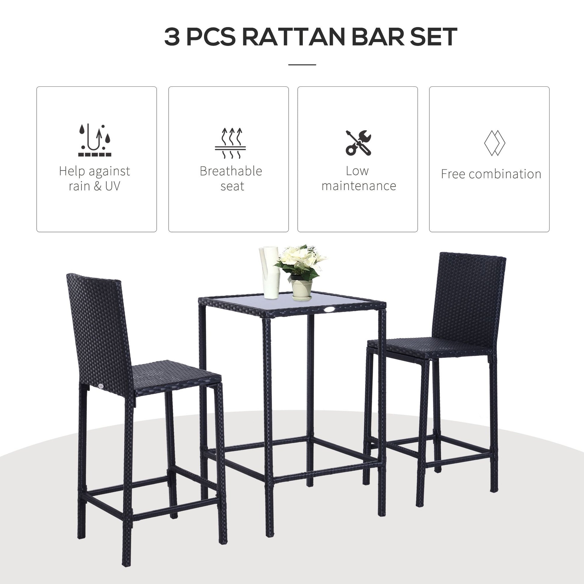 3pcs Rattan Bar Set With Glass Top Table, 2 Bar Stools For Outdoor, Patio, Garden, Poolside, Backyard