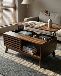 Lift Top Coffee Table With Storage, Mid Century Modern Coffee Table With Slatted Sliding Door And Hidden Compartment, 35.4 Coffee Table With Lifting Top, Coffee Tables For Living Room, Walnut