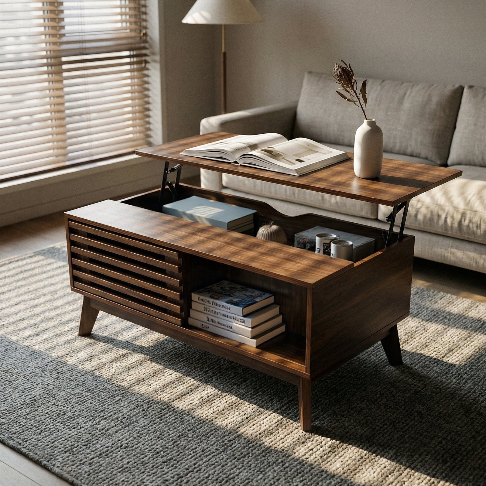Lift Top Coffee Table With Storage, Mid Century Modern Coffee Table With Slatted Sliding Door And Hidden Compartment, 35.4 Coffee Table With Lifting Top, Coffee Tables For Living Room, Walnut