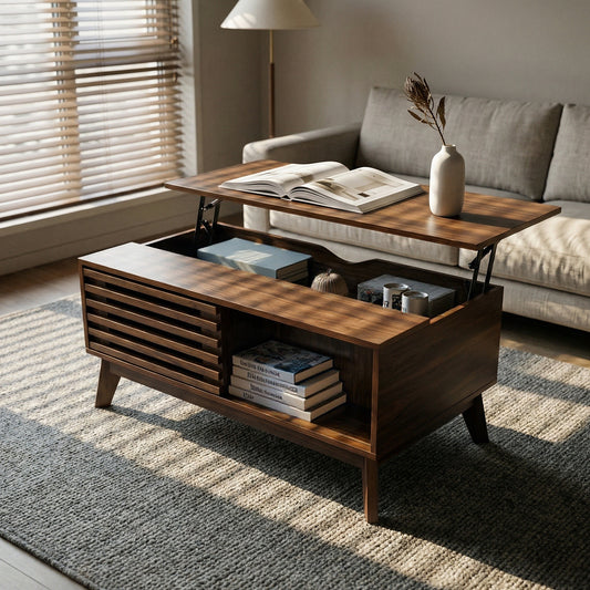 Lift Top Coffee Table With Storage, Mid Century Modern Coffee Table With Slatted Sliding Door And Hidden Compartment, 35.4 Coffee Table With Lifting Top, Coffee Tables For Living Room, Walnut