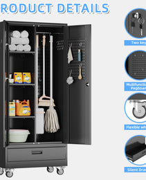 Broom Closet Storage Cabinet With Wheels And Drawer,Garage Storage Cabinet With Magnetic Doors,Pegboard And Adjustable Shelves For Garage Home Office,Required Assembly,Black