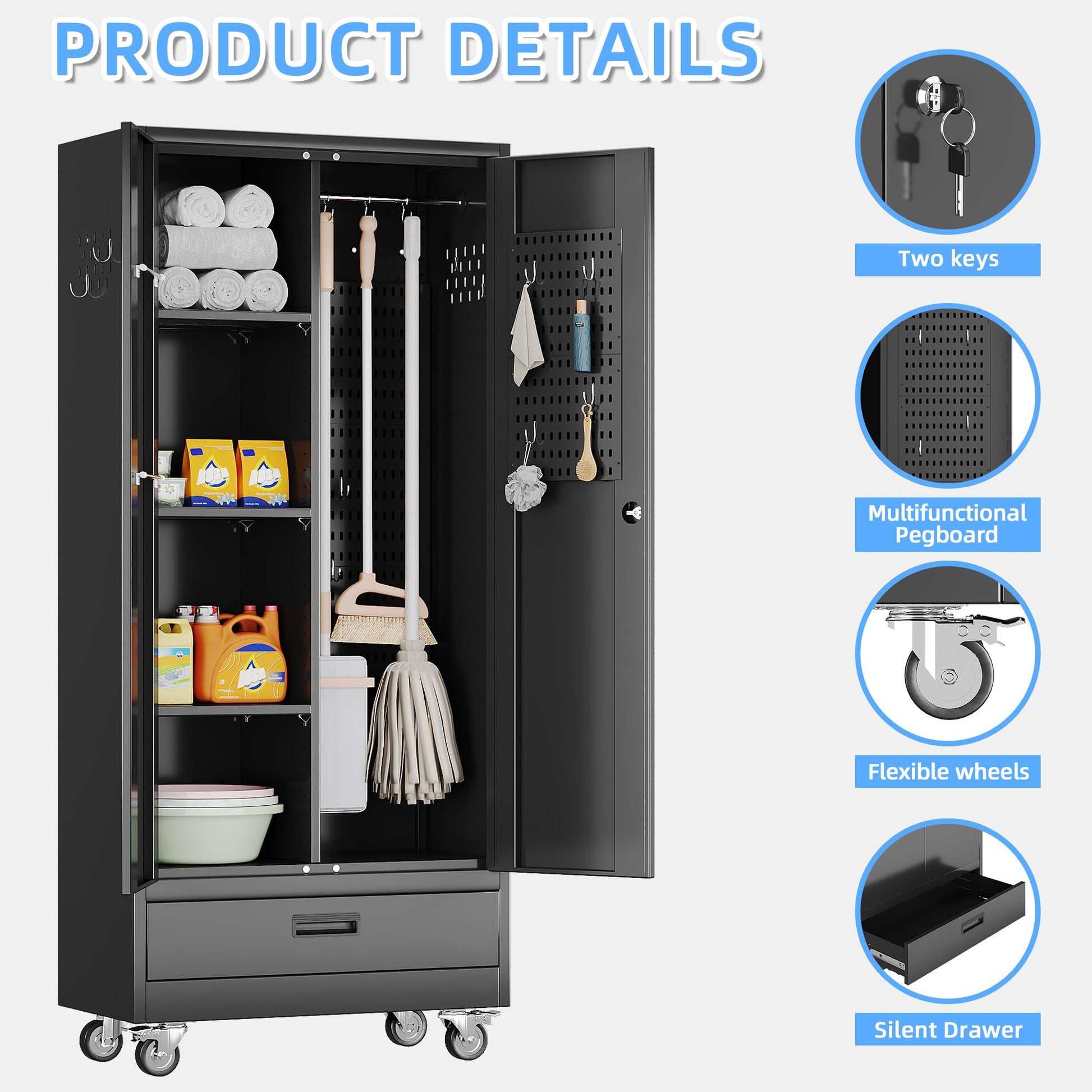 Broom Closet Storage Cabinet With Wheels And Drawer,Garage Storage Cabinet With Magnetic Doors,Pegboard And Adjustable Shelves For Garage Home Office,Required Assembly,Black