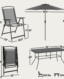8 Piece Outdoor Dining Set, Patio Furniture Set with Umbrella, 6 Folding Chairs, Rectangle Table and Mesh Seat, Black