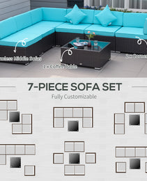 7-Piece Patio Furniture Set, Outdoor Wicker Conversation Set, All Weather PE Rattan Sectional Sofa Set with Cushions and Tempered Glass Top Coffee Table, Pillows, Turquoise