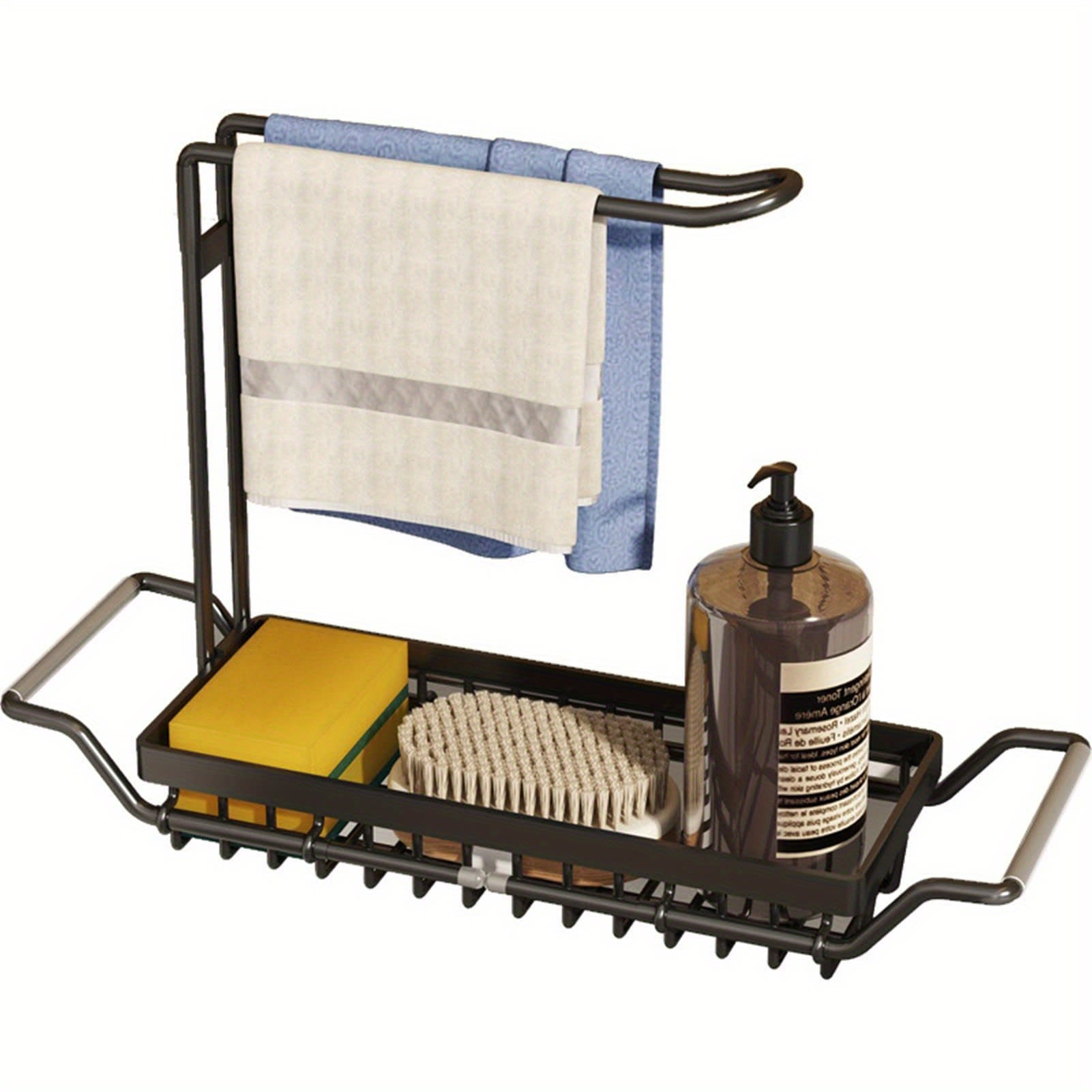 Expandable Stainless Steel Over-the-Sink Caddy Organizer – Adjustable Kitchen Storage Rack (Black, Small)