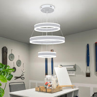 Modern LED Chandeliers Adjustable Hanging White Pendant Light Fixture 3 Ring Flush Mount Chandeliers for Bedroom,Kitchen,Island Cafe