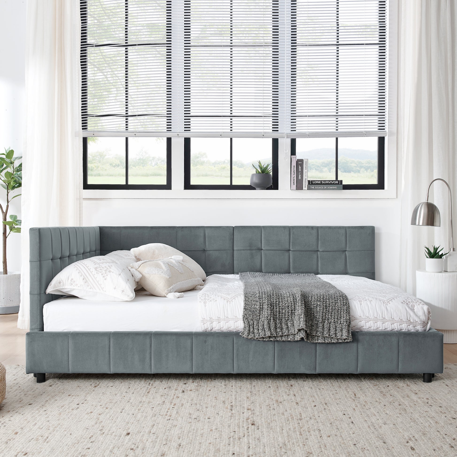 Full Size Upholstered Tufted Bed Frame, Sofa Bed Frame With Comfortable Backrest And Armrests, Full Size Bed For Bedroom, Living Room,Velvet, Grey 80.5x59x30.5