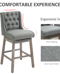 Bar Height Bar Stools Set of 2, 180 Degree Swivel Barstools with Solid Wood Footrests and Button Tufted Design, 30" Seat Height Bar Chairs for Kitchen Island, Gray