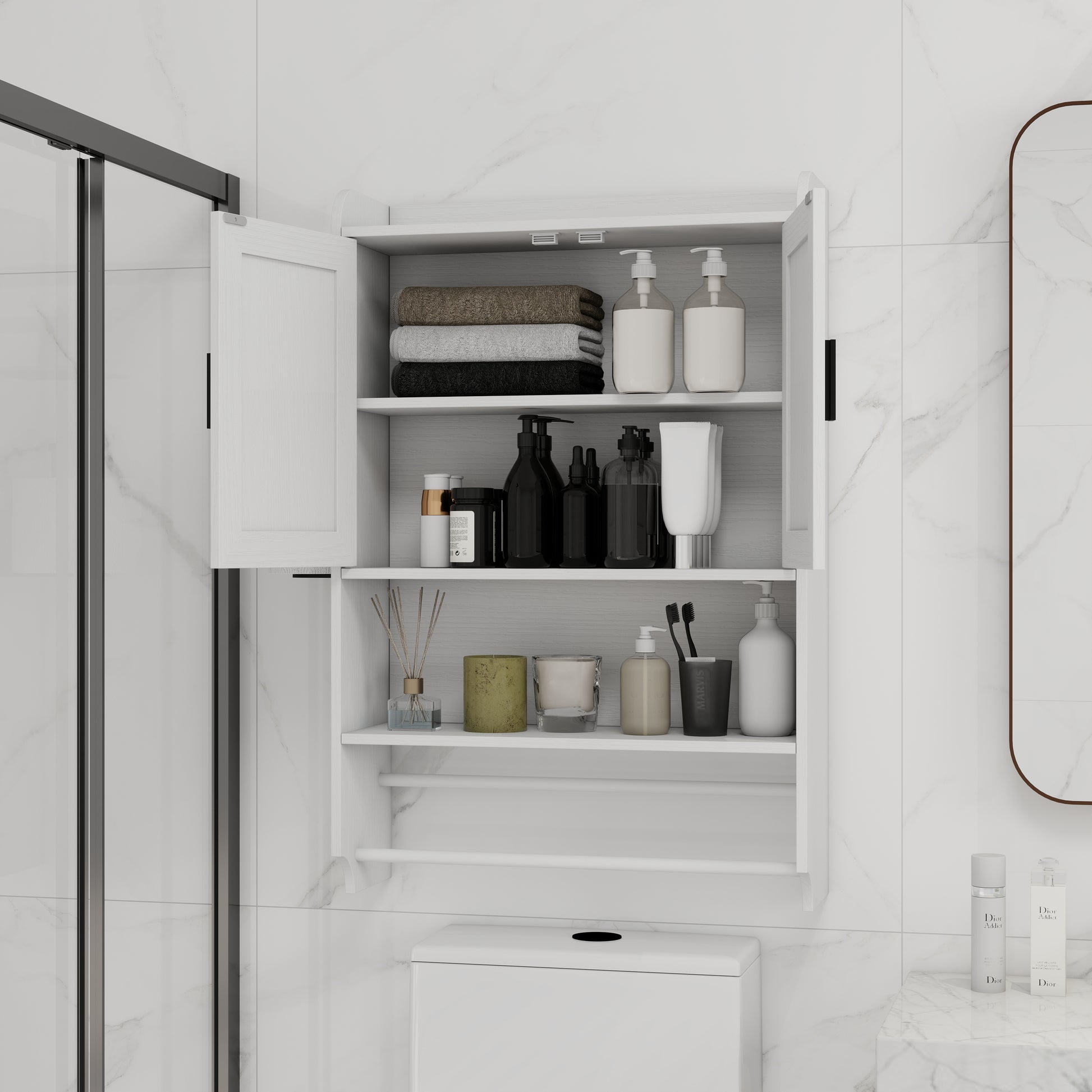 Bathroom Wall Cabinet With Doors,Adjustable Shelf,Towel Bar And Paper Holder, Over The Toilet Storage Cabinet, Medicine Cabinet For Bathroom-White