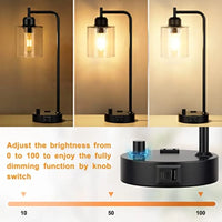 Industrial Bedside Table Lamp for Bedroom - Nightstand Lamps with USB C Charging Port, Fully Dimmable Black Ports and Outlets,