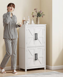 Bathroom Floor Storage Cabinet, Farmhouse Bathroom Cabinet with 4 Doors and Adjustable Shelf, White