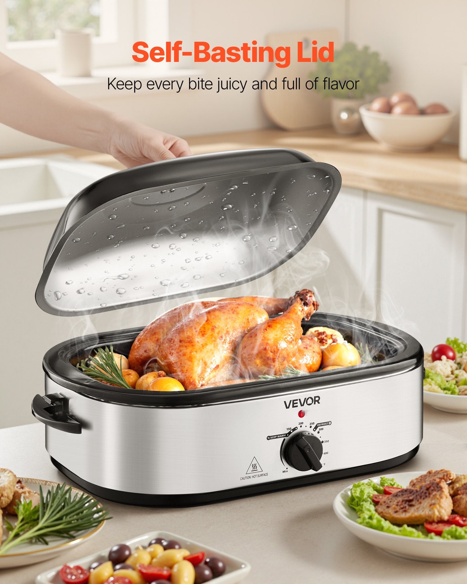 Quart Electric Roaster Oven – 1450W Self-Basting Turkey Roaster with Defrost & Warm Settings