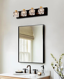4-Light Matte Black Gold Bathroom Light Fixtures, Modern Vanity Lights With Crystal Glass Shade, Vintage Light Fixture Bathroom Over Mirror Wall Lights For Kitchen Dinning Room Bedroom Hallway - CJDS