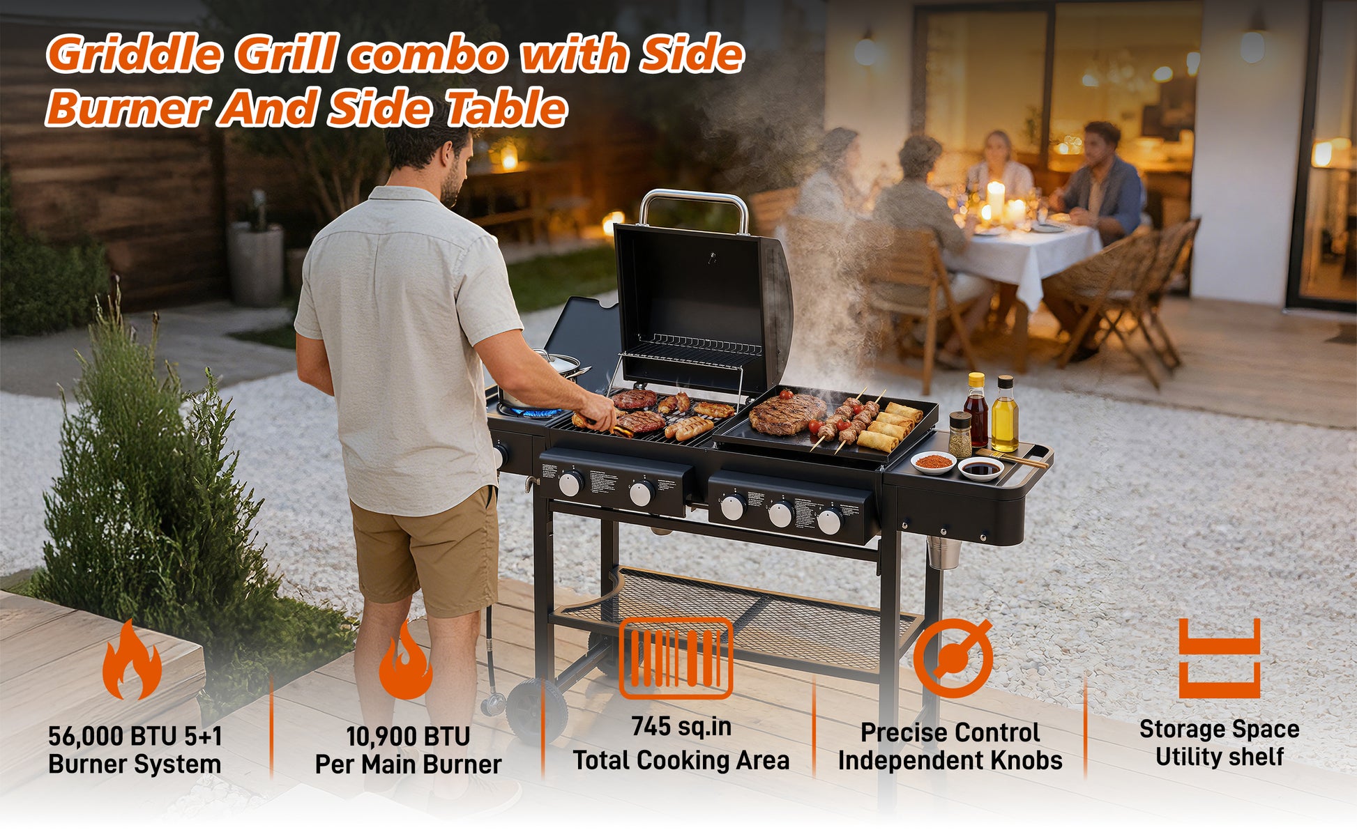 6 Burner BBQ Propane Gas Grill With Side Burner 59000 BTU Output Stainless Steel Barbecue Grill With Enamel-Coated Grates And Side Tables For Outdoor Cooking Kitchen And Patio Backyard.