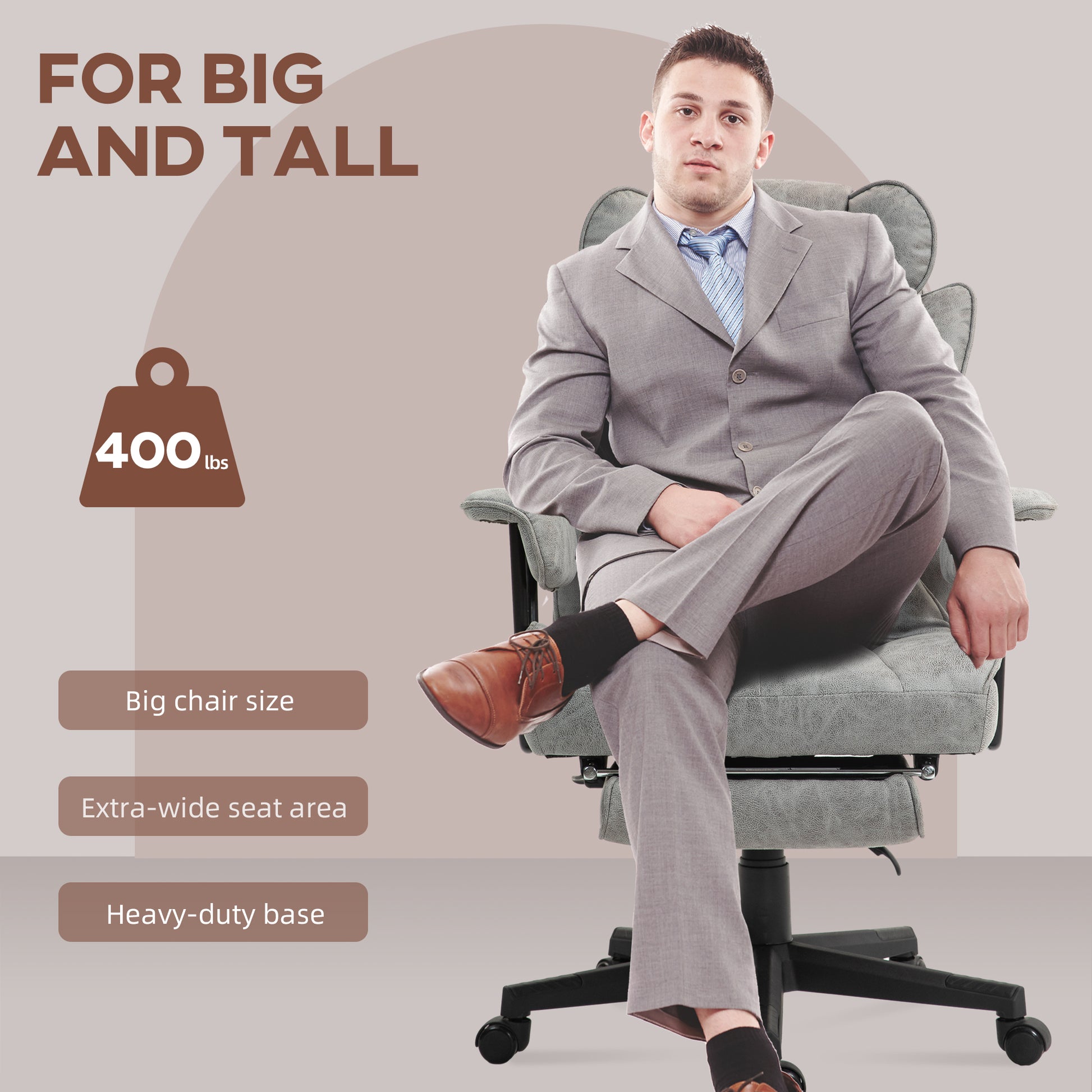 400LBS Big and Tall Office Chair, Massage Office Chair with Footrest, Lumbar Support and Reclining Function, Gray