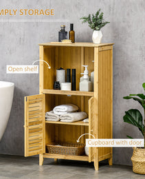 Bamboo Floor Cabinet Bathroom Floor Cabinet Living Room Organizer Tower with Multiple Shelves and Doors, Natural