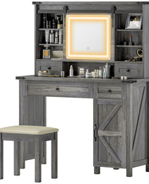 Vanity Desk Set With Mirror And Lights, Cushioned Stool, Storage Drawer, Cabinet, Shelves For Bedroom, Gray - CJDS