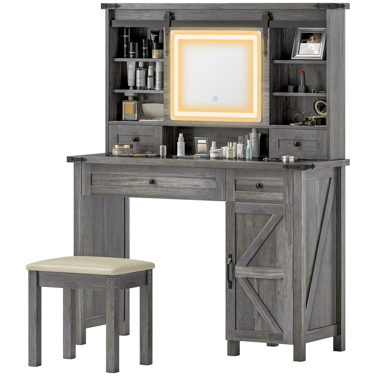 Vanity Desk Set With Mirror And Lights, Cushioned Stool, Storage Drawer, Cabinet, Shelves For Bedroom, Gray - CJDS