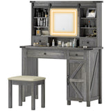 Vanity Desk Set With Mirror And Lights, Cushioned Stool, Storage Drawer, Cabinet, Shelves For Bedroom, Gray - CJDS