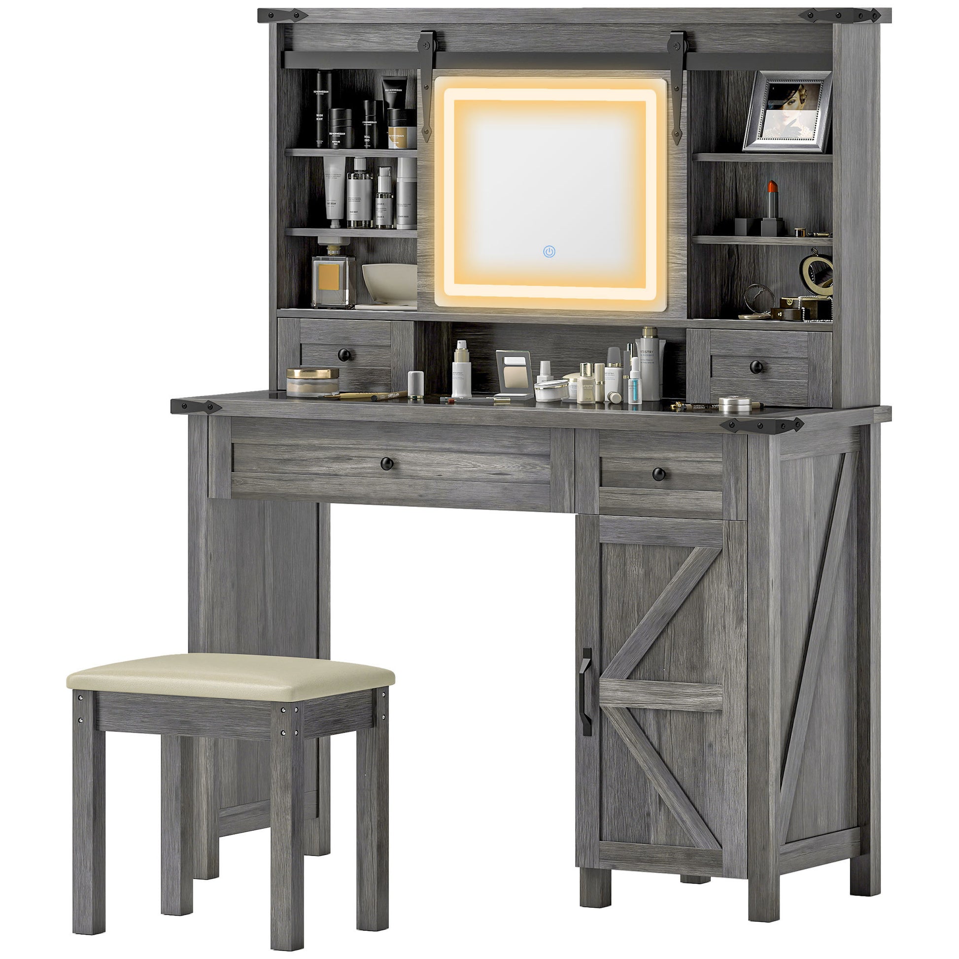 Vanity Desk Set With Mirror And Lights, Cushioned Stool, Storage Drawer, Cabinet, Shelves For Bedroom, Gray - CJDS