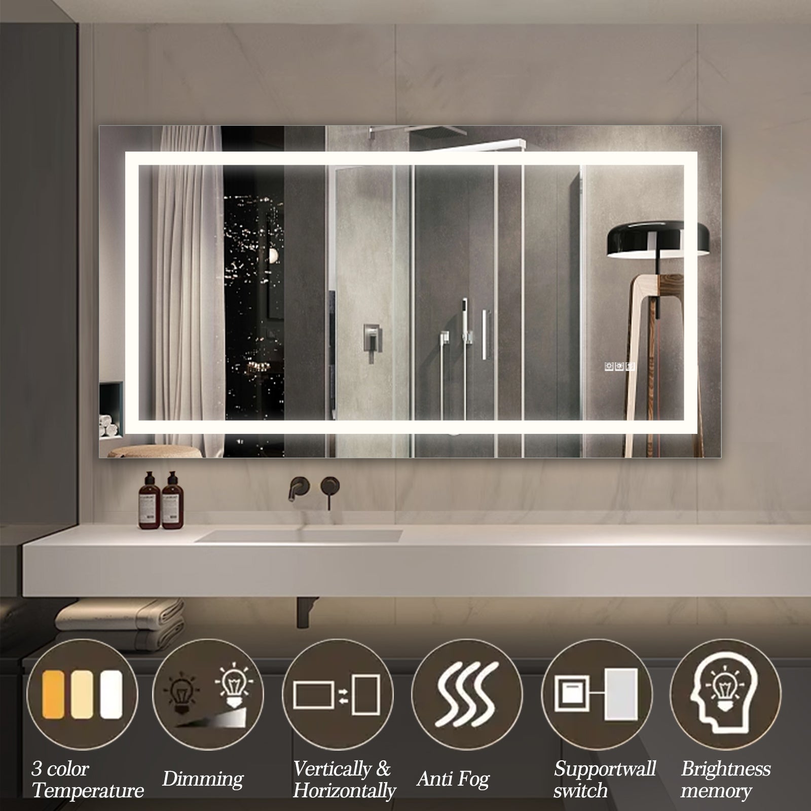 60  X 32  LED Bathroom Mirror With Anti-Fog And Touch Sensor - Modern Frameless Lighted Wall Mirror For Bathroom Vanity, Shower Room, Or Dressing Area