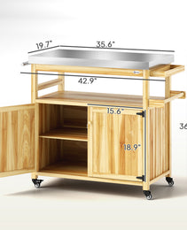 Outdoor Grill Cart W/ Stainless Steel Top, Solid Wood Outdoor Kitchen Island W/ Wheels, Storage Cabinets, Natural Wood
