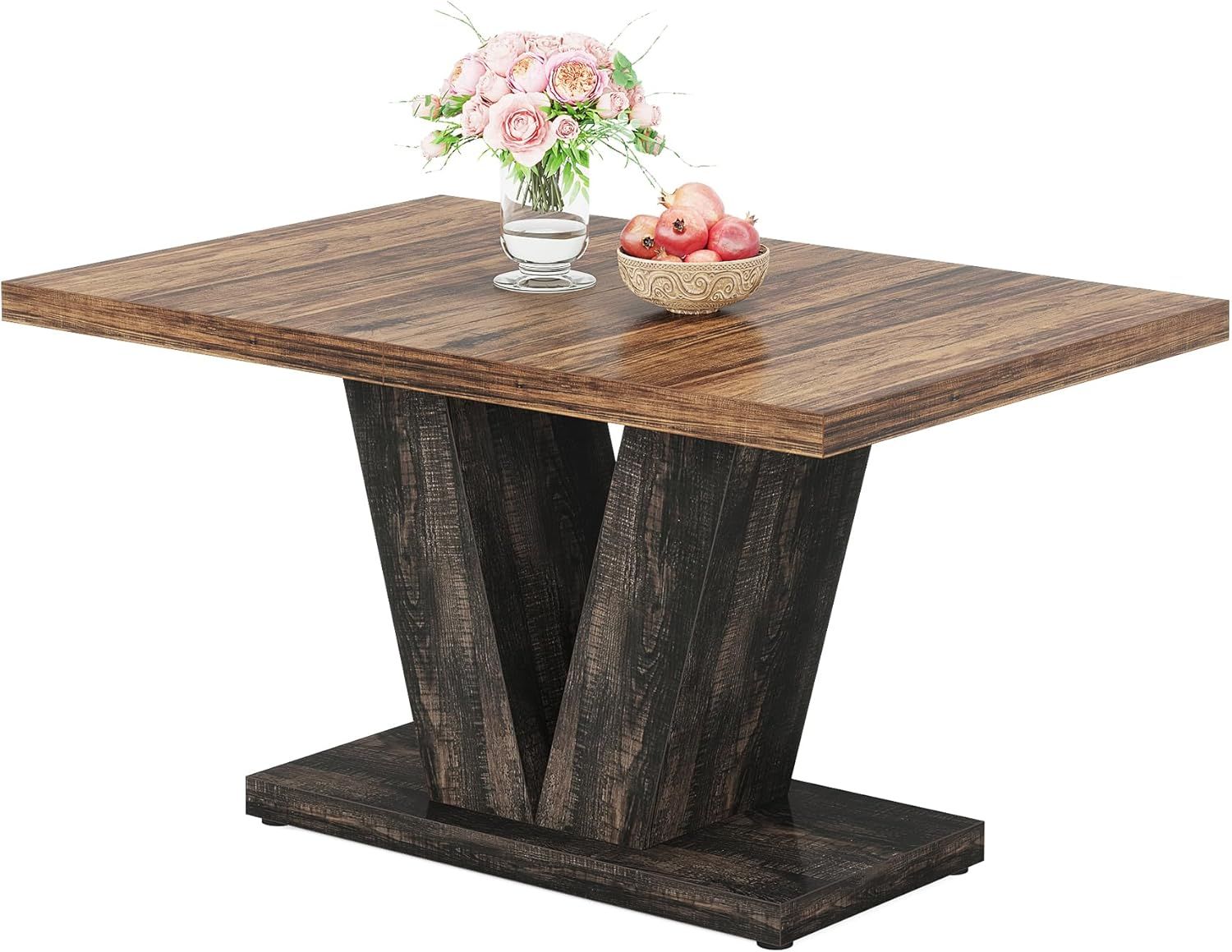 47-Inch Dining Table For 4, Black Kitchen Dinner Table With Heavy Duty Pedestal, Farmhouse Wooden Eating Table