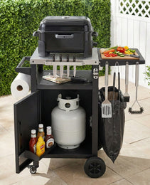 K&K 33.9  Outdoor Grill Cart With Drop Leaf, Outdoor Metal Bar Cart Pizza Oven Table With Wheels, Stainless Steel Top, Outdoor Kitchen Island With Storage Cabinet & Spice & Paper Rack For BBQ, Waterpr