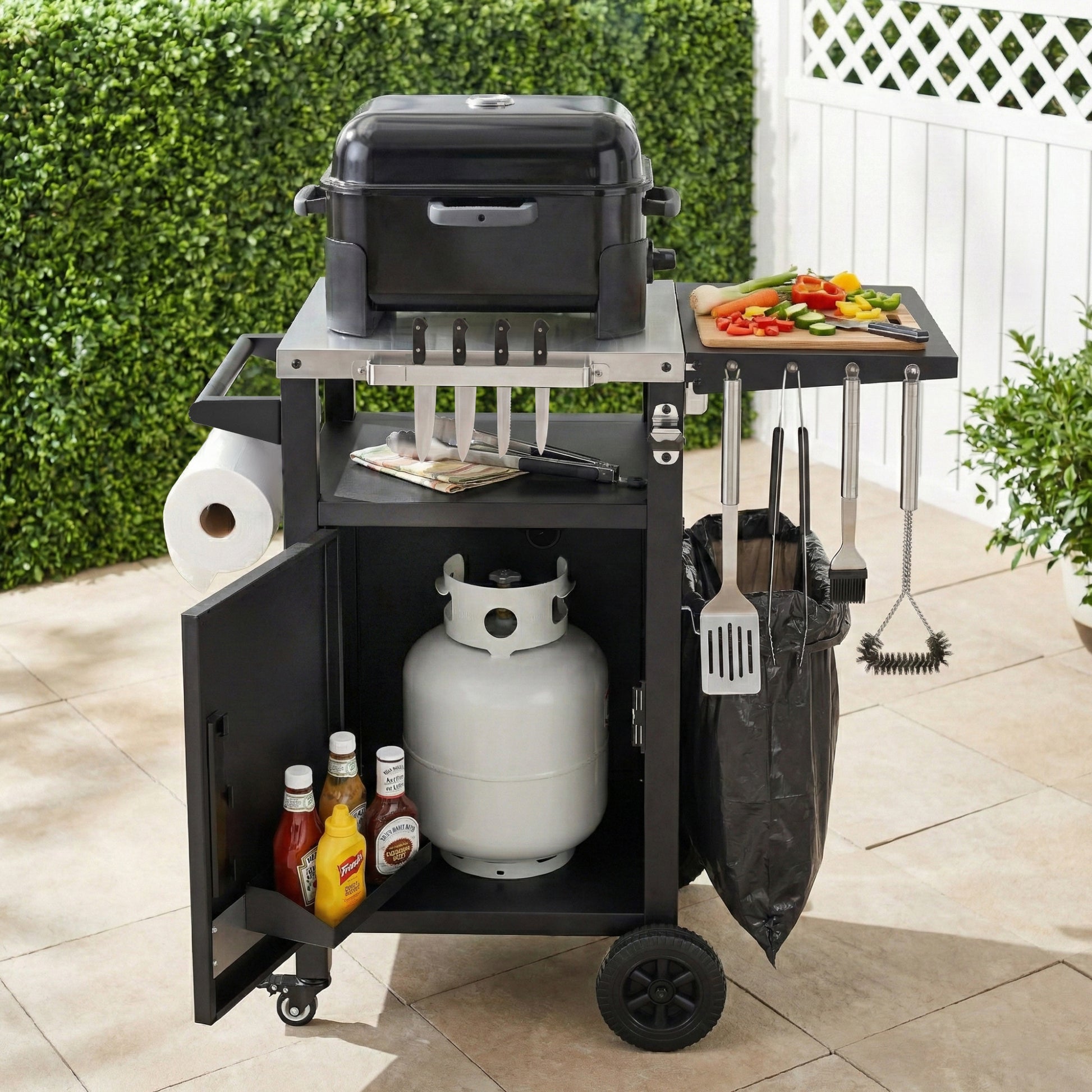 K&K 33.9  Outdoor Grill Cart With Drop Leaf, Outdoor Metal Bar Cart Pizza Oven Table With Wheels, Stainless Steel Top, Outdoor Kitchen Island With Storage Cabinet & Spice & Paper Rack For BBQ, Waterpr